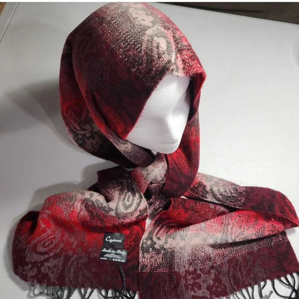Cejon Scarf Made in Italy Red Grey Paisley Jacquard Fringed Acrylic Wrap